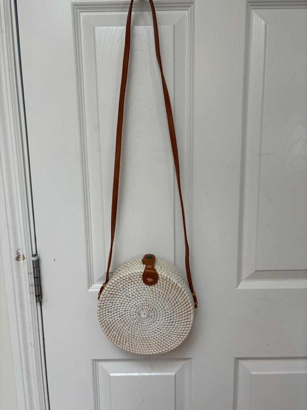Round Cream Woven Crossbody with Tan Strap